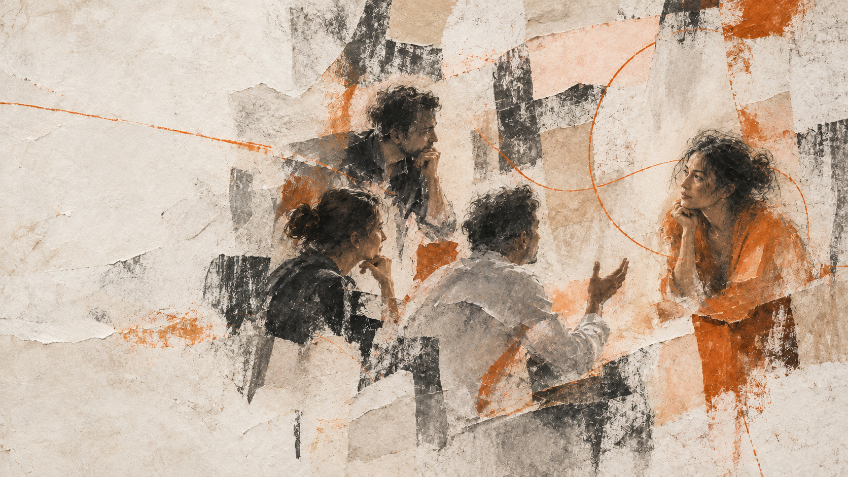 Mixed-media artwork: charcoal figures on torn paper, turned toward one another.